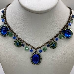 Liz Palacios Antique Revival Brass and Swarovski Blue Cabochon Crystal Necklace